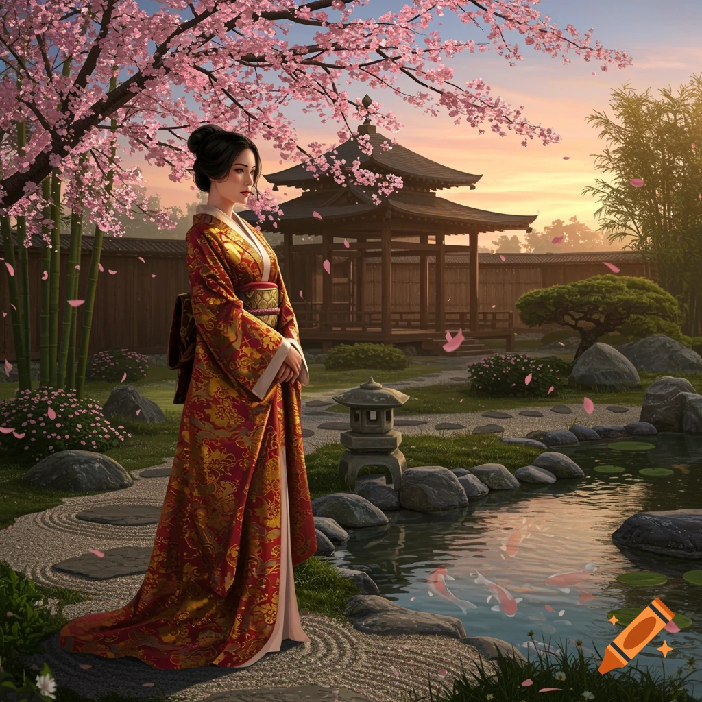 A woman in a red kimono stands in a Japanese garden with cherry blossoms, a pond, and a pagoda under a sunset sky.