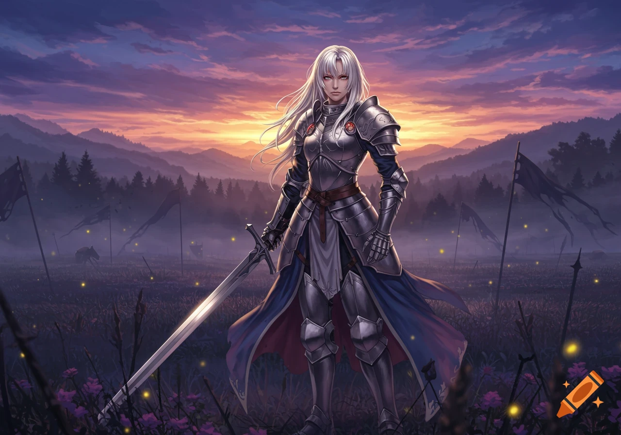 A white-haired anime female knight in full armor stands on a field at sunset, holding a large sword, with mountains and tattered flags in the background.