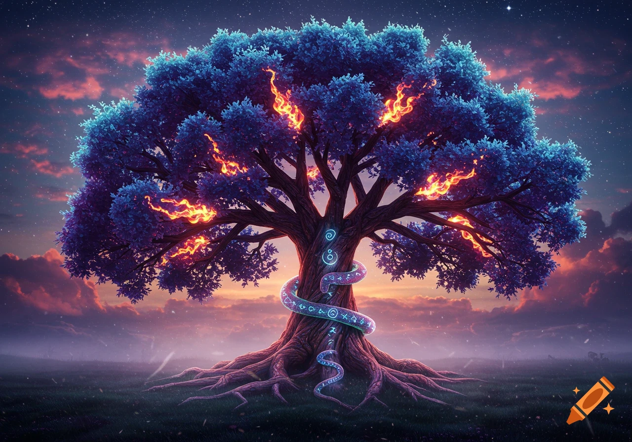 A vibrant blue and purple tree of life with glowing orange flames on its branches stands in a field. A glowing, runic snake coils around its trunk under a starry twilight sky.