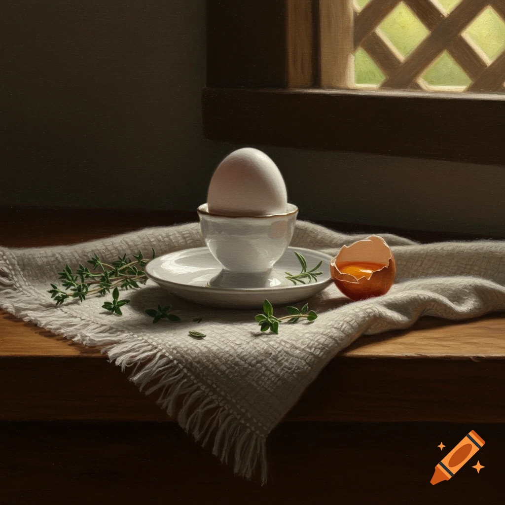 Photorealistic still life of a white egg in an egg cup and a cracked egg with yolk on a textured cloth with herbs by a window.