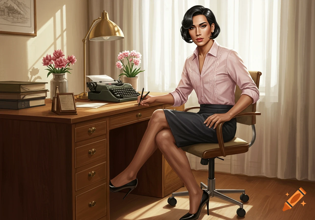 A woman in a pink shirt and black skirt sits at a wooden desk with a typewriter, writing with a pen, in a well-lit office.