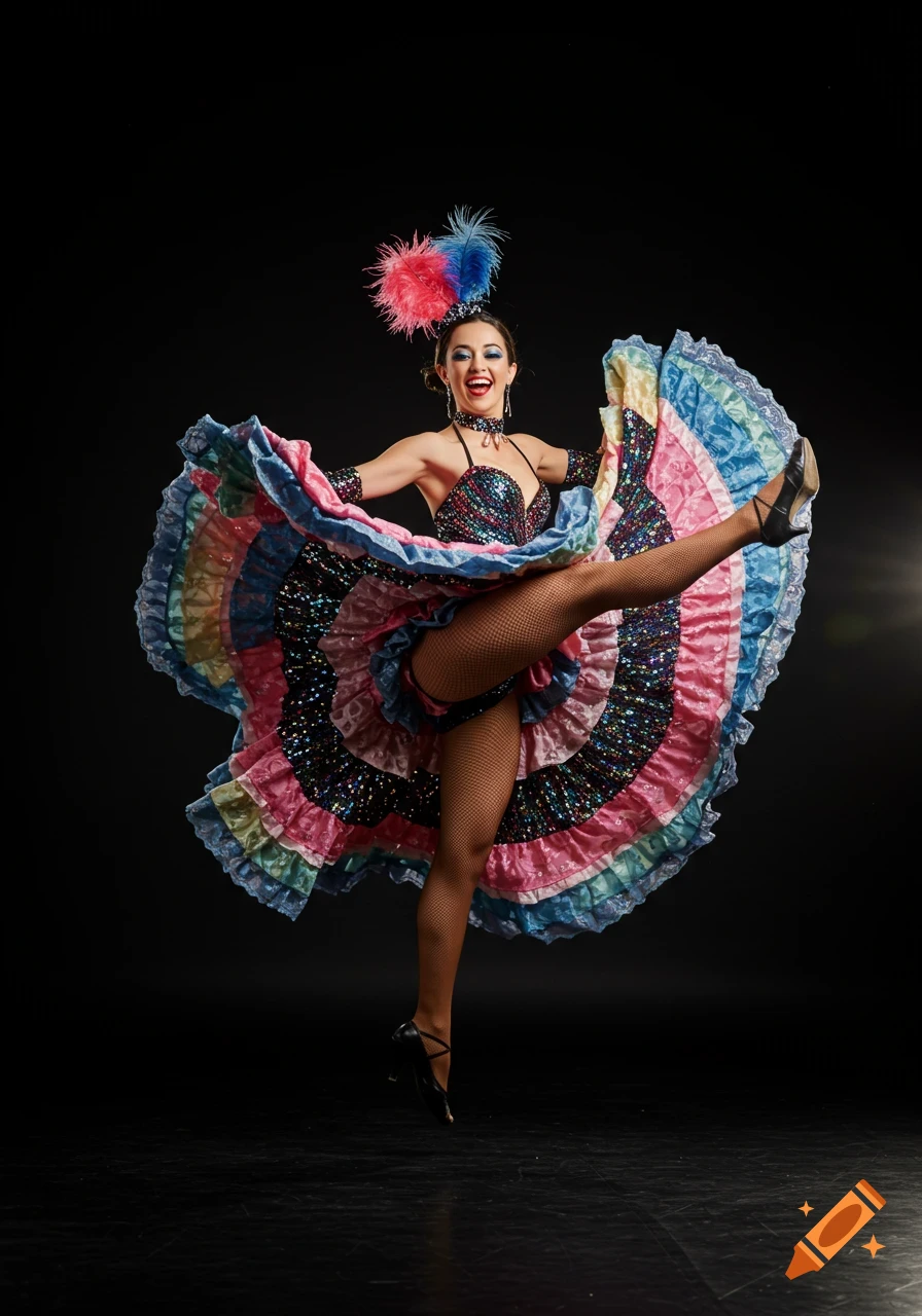 A woman in a vibrant, sequined can-can costume with a feathered hat poses mid-dance against a dark background, one leg lifted high.