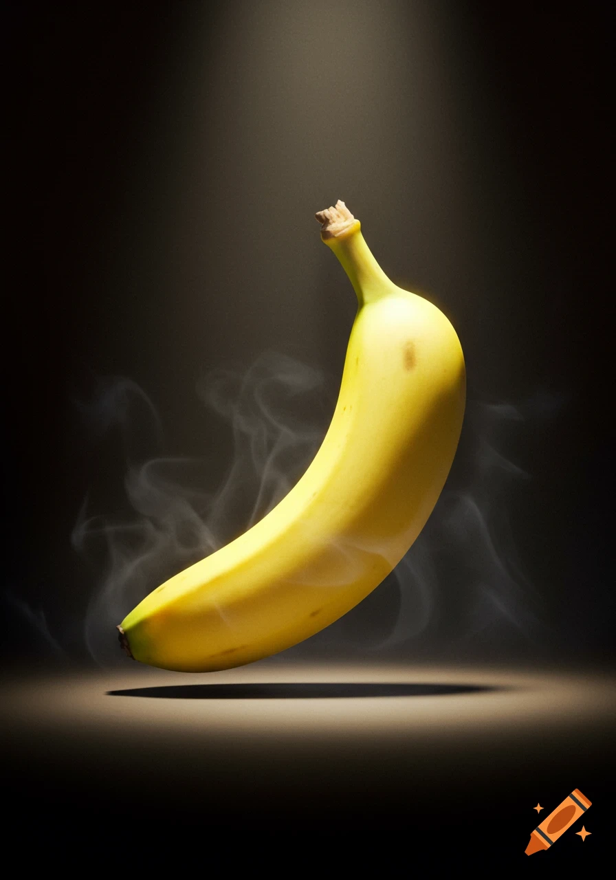 A single ripe yellow banana levitating in a spotlight, with wisps of smoke swirling around it on a dark background.