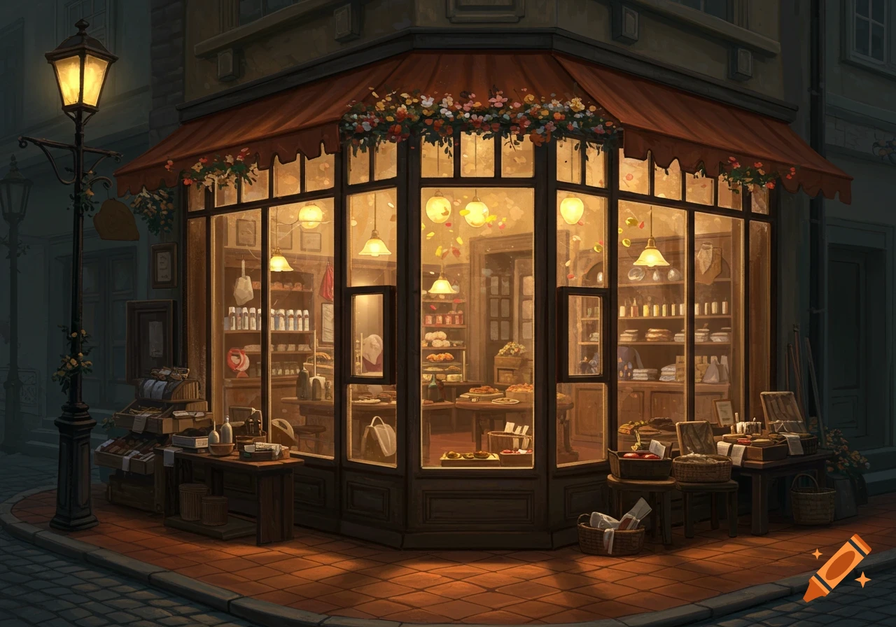 A quaint, illuminated shop with large display windows, a floral awning, and a lamppost on a cobblestone street corner at night.