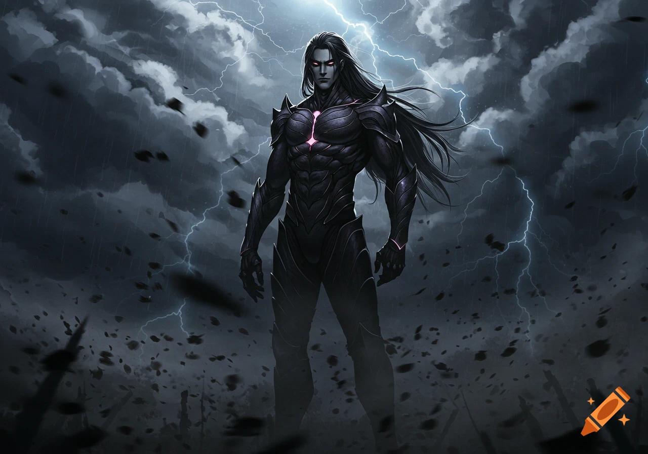 A dark, powerful anime character with long hair and glowing eyes stands amidst a lightning storm and flying debris.