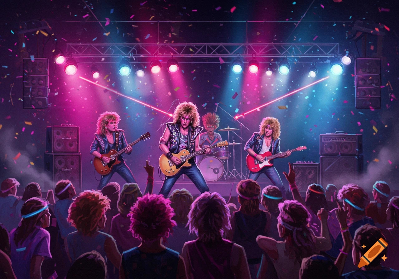 A vibrant 80s rock band performs on stage under pink and blue lights, with confetti falling, viewed from behind the cheering audience.