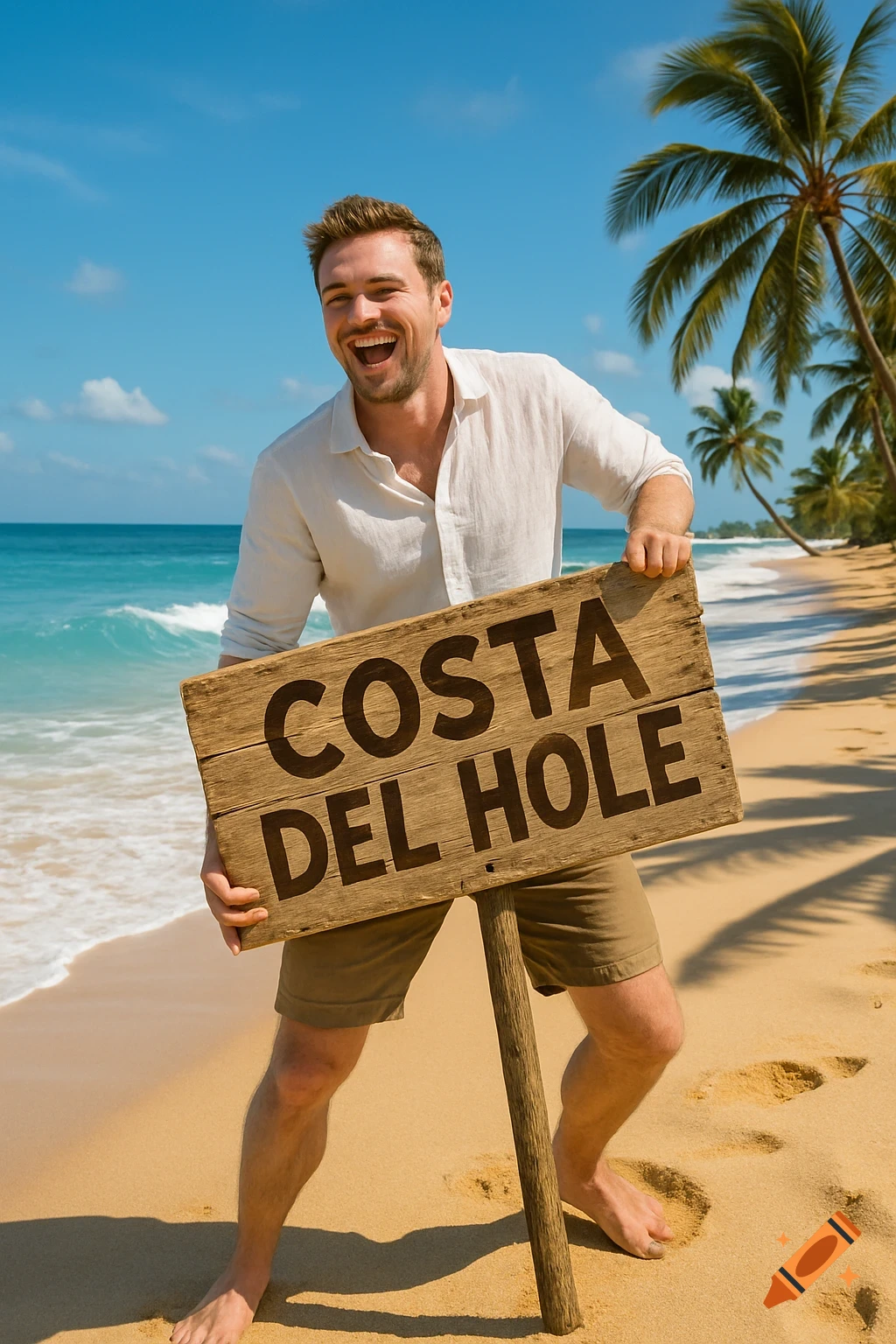 A photorealistic image of a man smiling on a sunny beach, holding a wooden sign that reads 'COSTA DEL HOLE'.