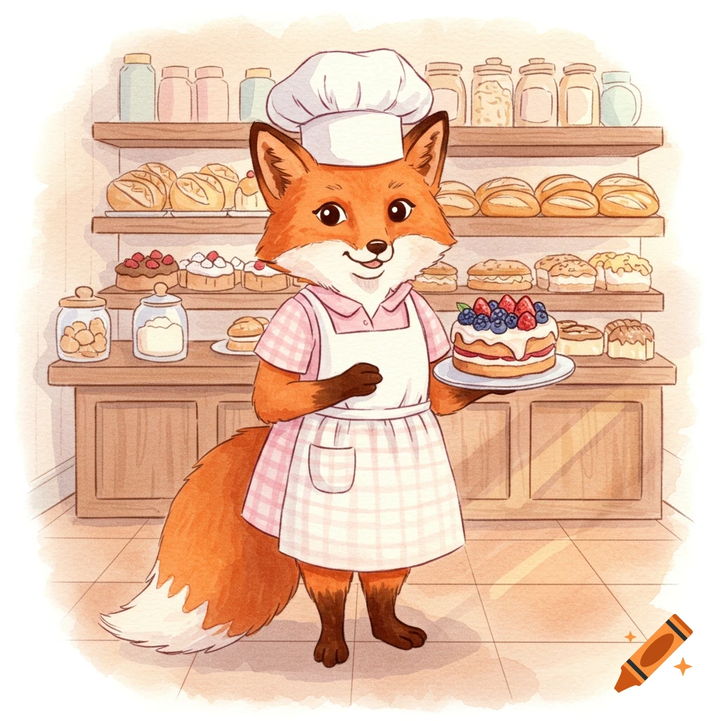 A watercolor illustration of a smiling baker fox in an apron and chef hat, holding a berry cake in a bakery with shelves of bread and pastries.