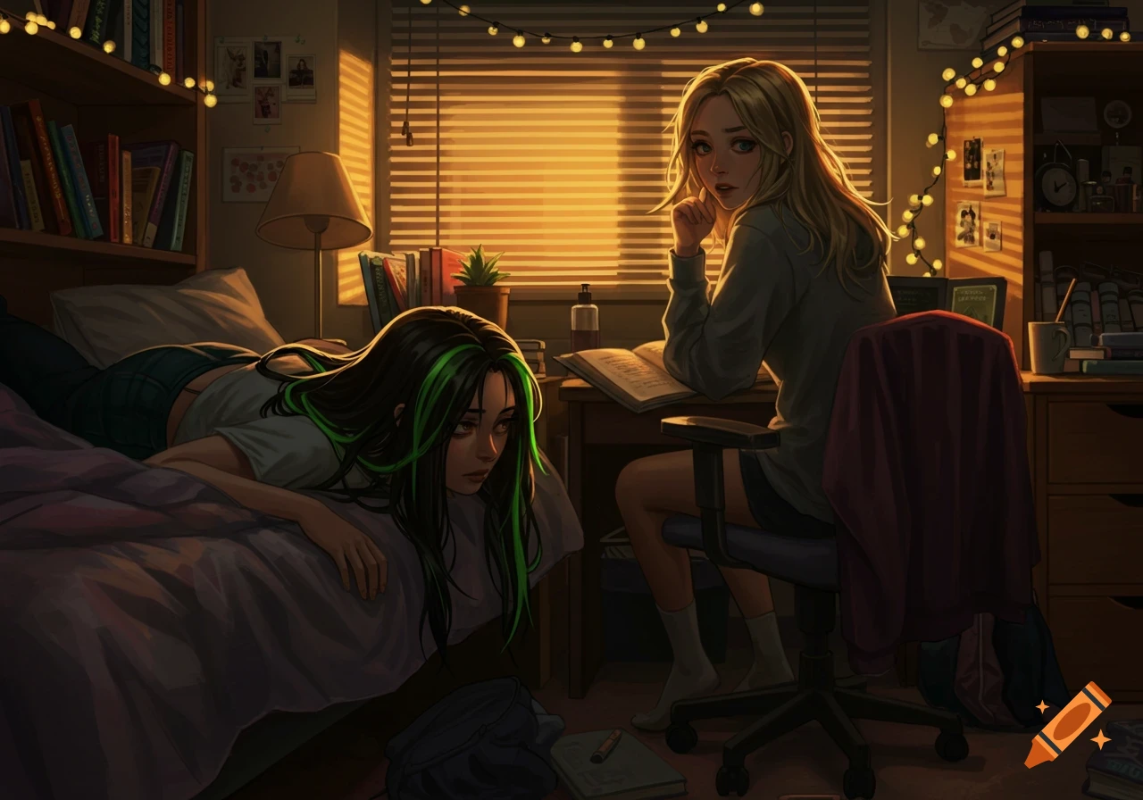 An illustration of two young women in a warm, dimly lit dorm room; one lies on a bed, the other sits at a desk reading.