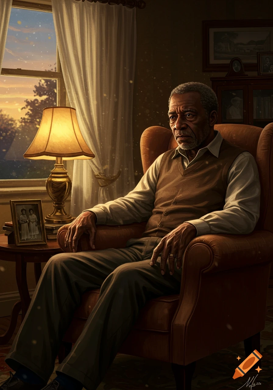 An elderly Black man with a pensive expression sits in a sunlit armchair, a lamp glowing beside him.