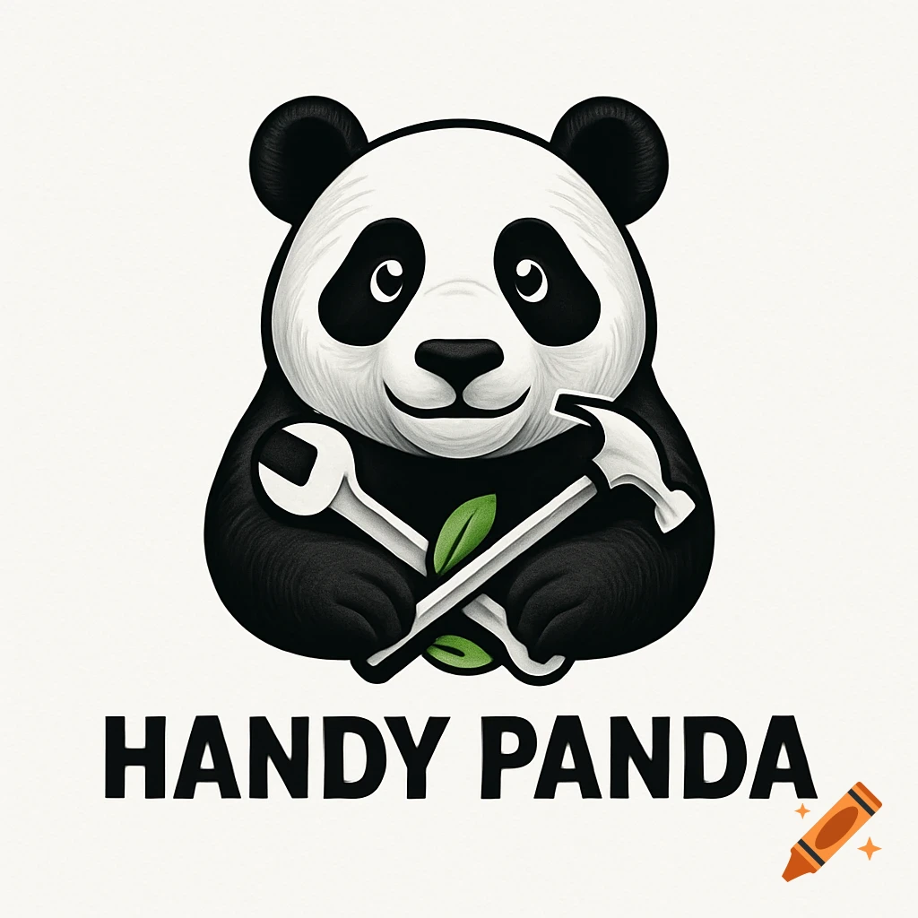 A cartoon panda logo holding a wrench and a hammer, with the text "HANDY PANDA" below.