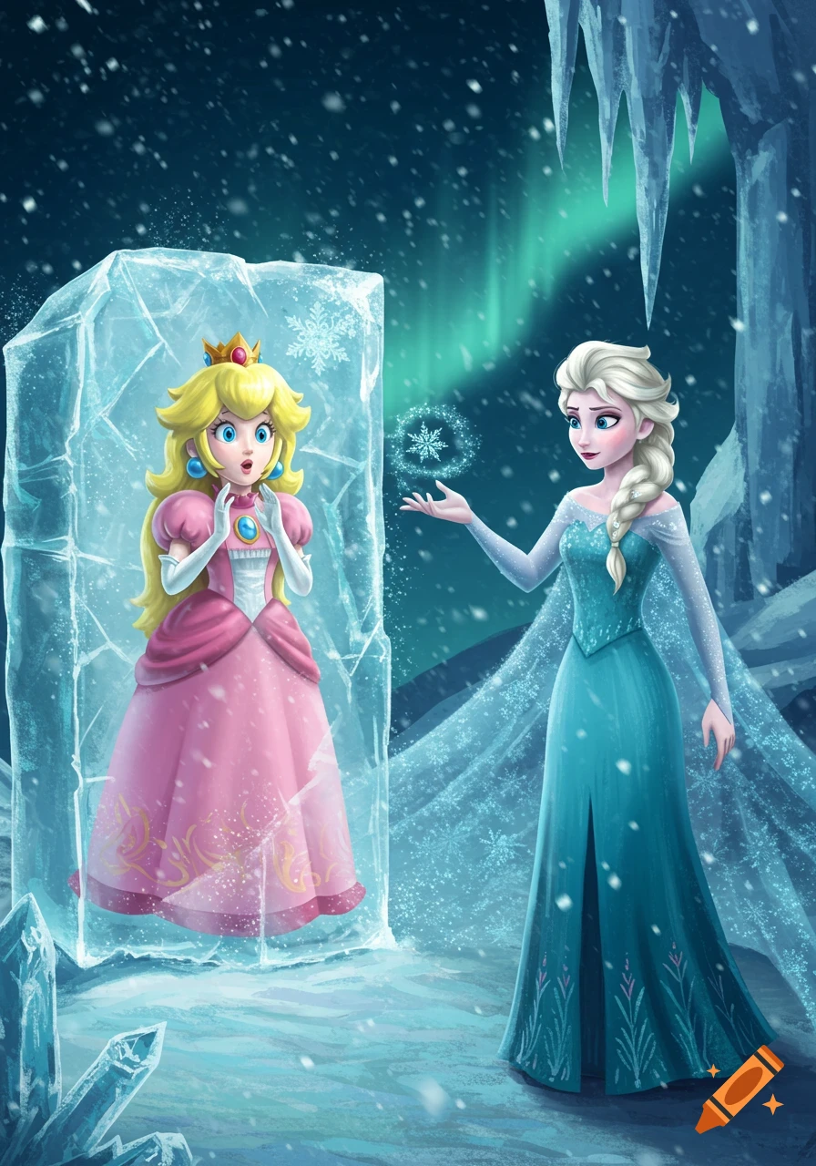An illustration of Princess Peach trapped in a block of ice, looking surprised, while Elsa stands nearby casting an ice spell.
