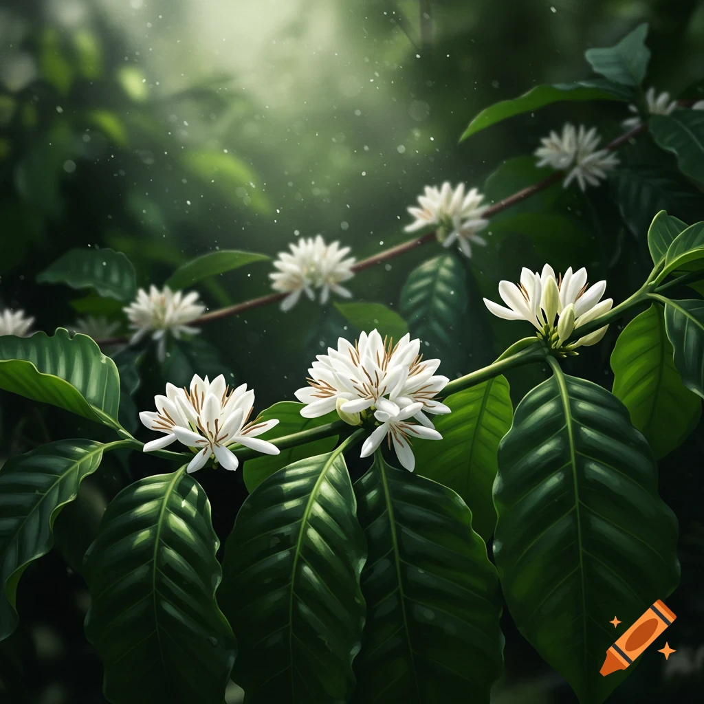 Close-up of white coffee flowers blooming on a green plant, with lush foliage and dappled sunlight in the background.