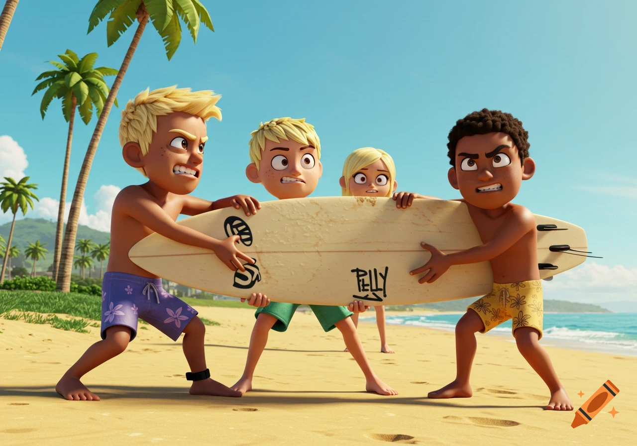 Four angry cartoon children on a sunny beach pull a surfboard marked 'BELLY'. Palm trees and ocean are in the background.