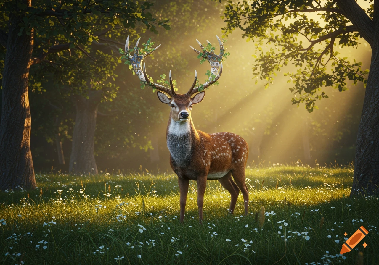 Photorealistic image of a majestic deer with decorated antlers standing in a sunlit forest clearing filled with white flowers.