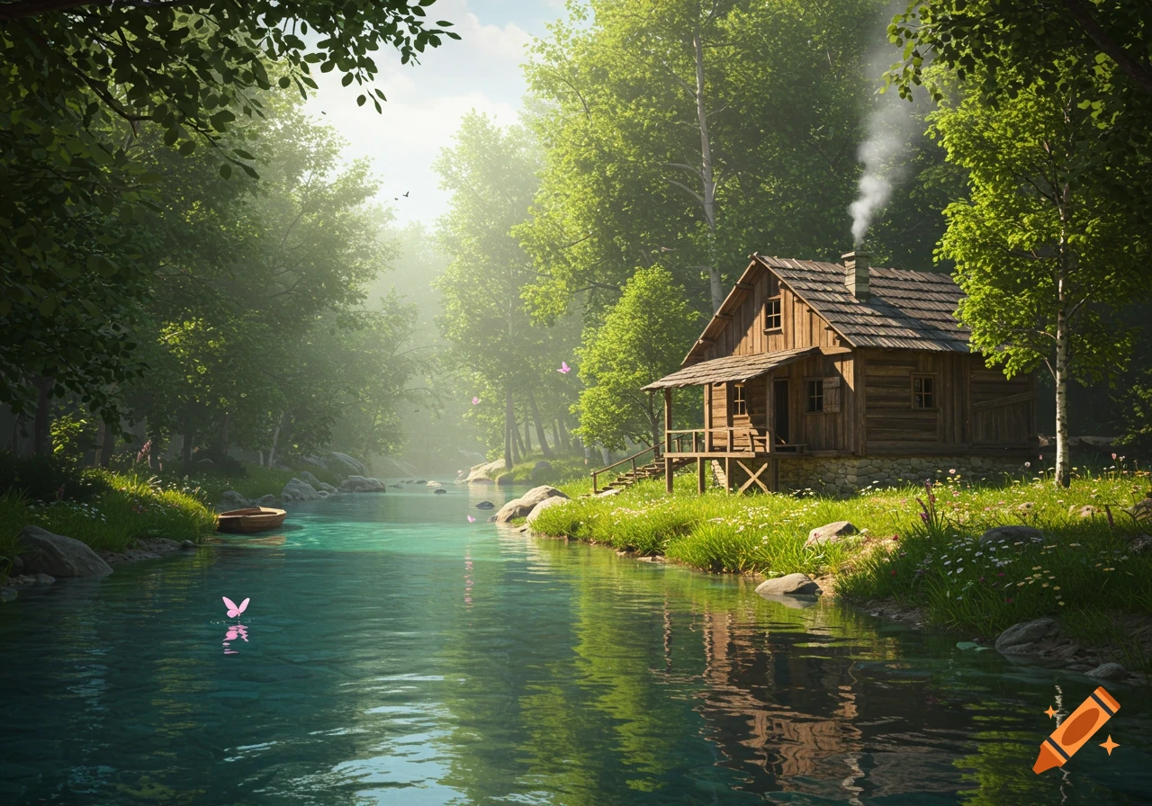 A rustic wooden cabin by a clear river in a lush, sunlit forest. A small boat floats on the water, with pink butterflies nearby.
