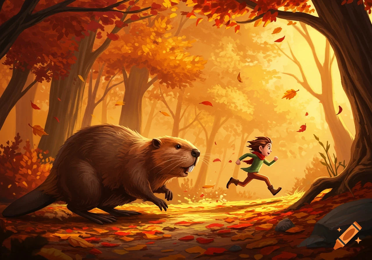 A cartoon beaver chases a child through a vibrant autumn forest with falling leaves, depicted in an illustrative style.