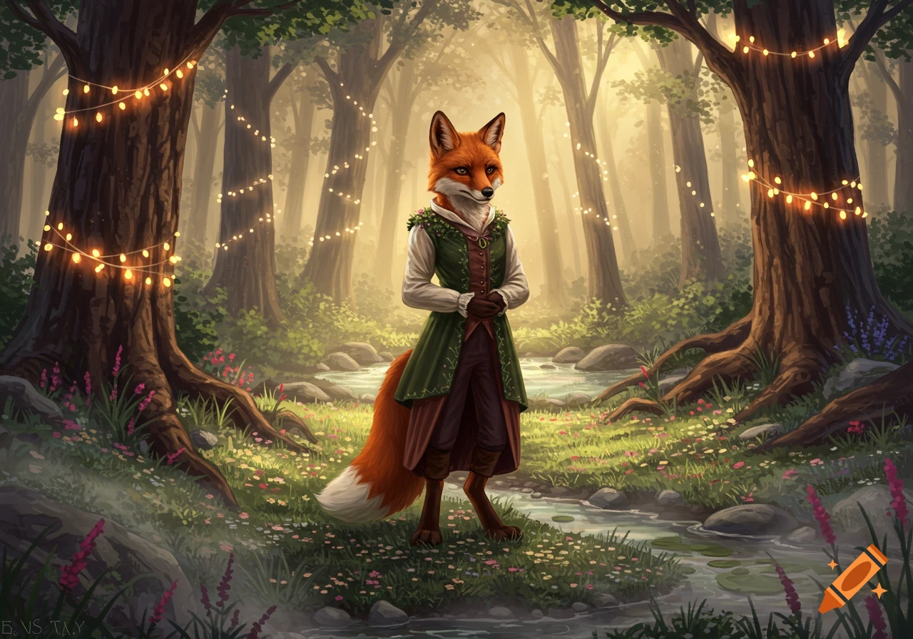 An anthropomorphic fox wearing medieval-style clothing stands in an enchanted forest with string lights.