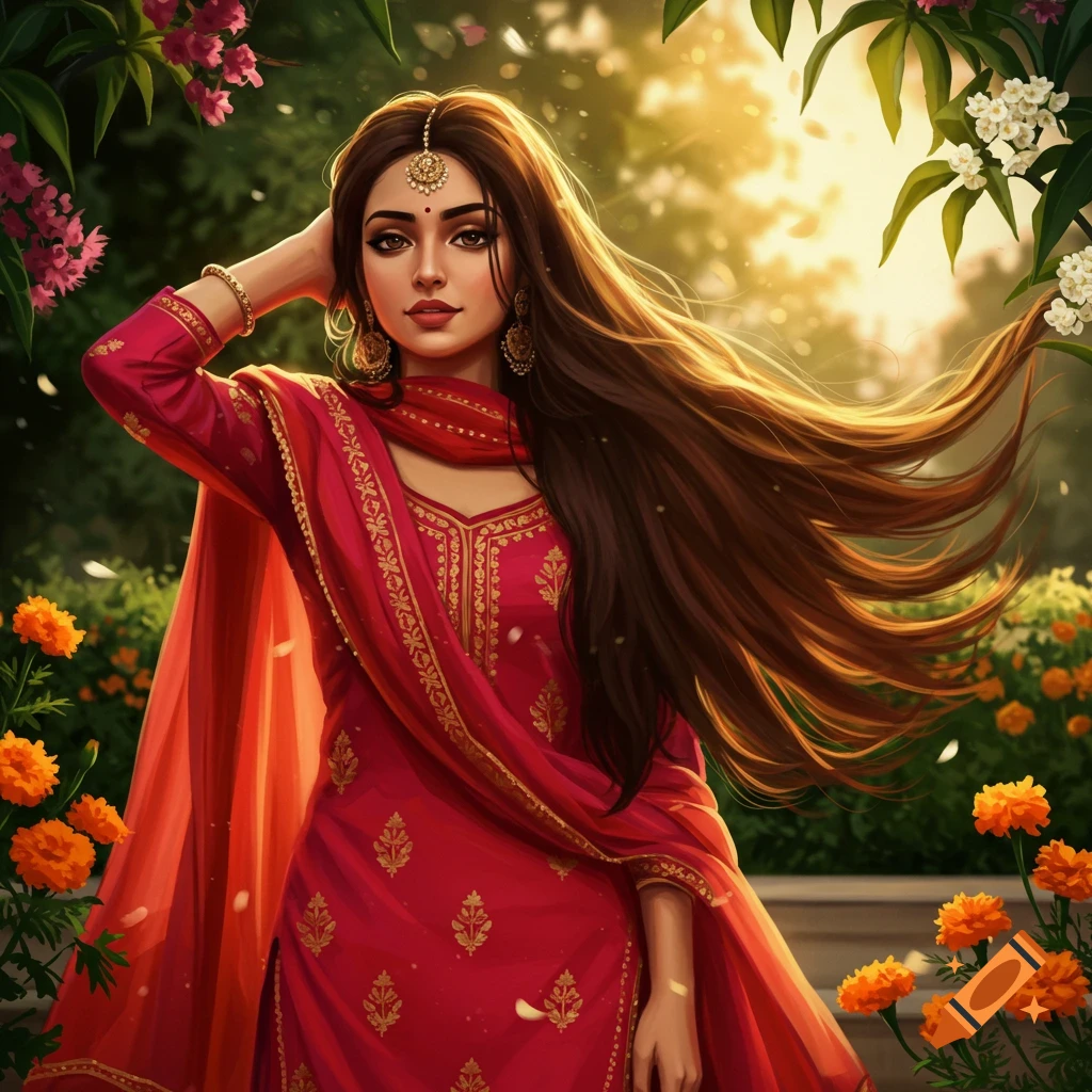 A beautiful Punjabi woman in a red and gold traditional outfit stands in a sunny garden, her long brown hair flowing around her.