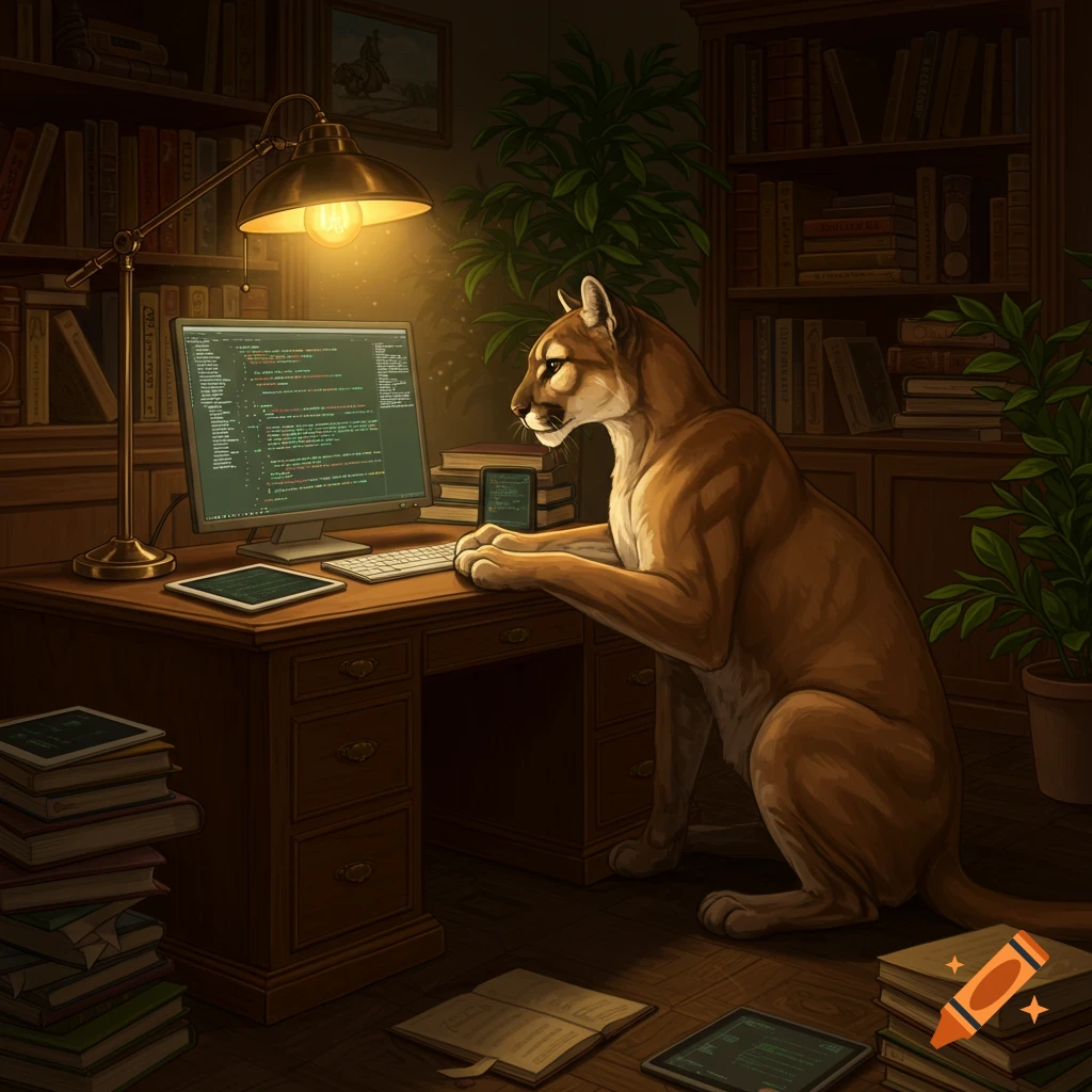 A puma sits at a desk in a study, looking at a computer screen displaying code. Bookshelves and plants are in the background.