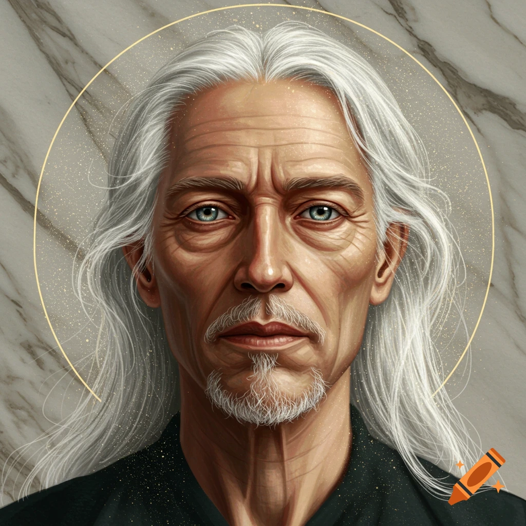 Close-up digital art portrait of an elderly man with long white hair, a goatee, and blue eyes, framed by a golden halo on a marble background.