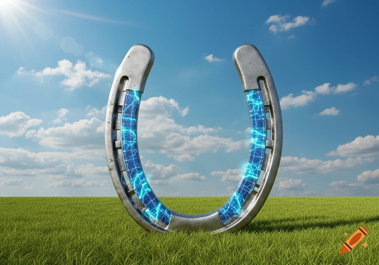 A metallic horseshoe with glowing blue electricity inside, standing upright in a vibrant green grassy field under a sunny blue sky with clouds.