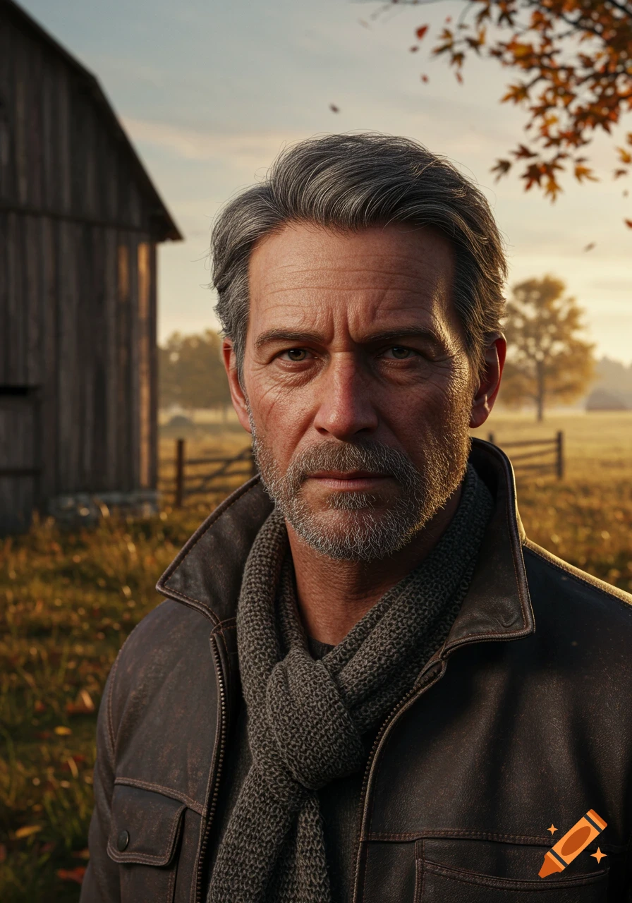 Photorealistic portrait of a middle-aged man with gray hair and beard, wearing a leather jacket and scarf, standing in a rural autumn setting.