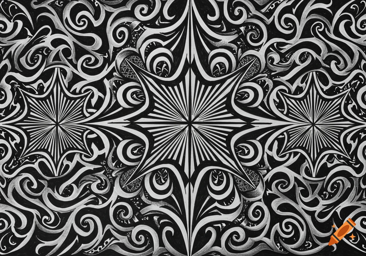 A black and white graphic pattern featuring four-pointed stars surrounded by intricate tribal swirls.