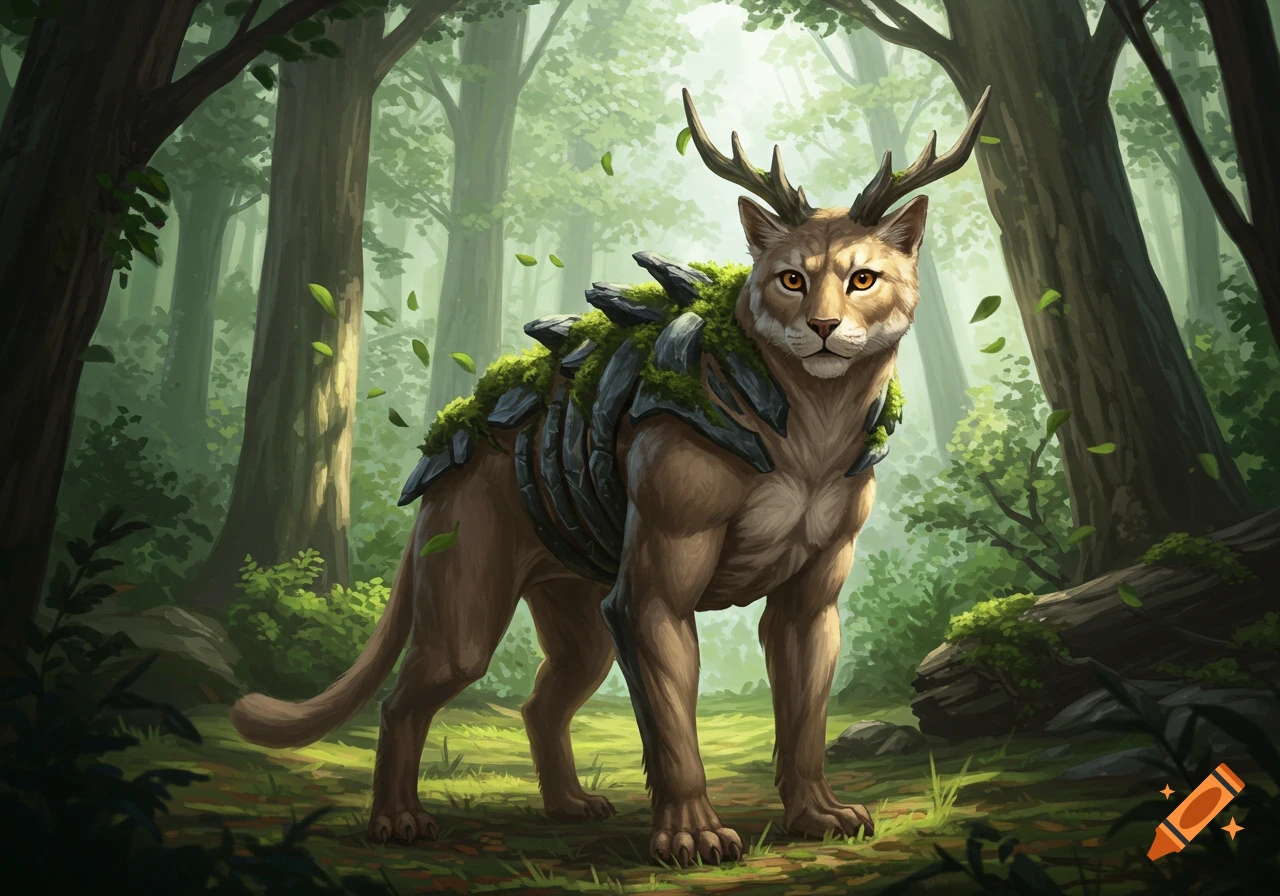 A majestic fantasy creature with a cat head, deer antlers, and a mossy, rocky exoskeleton on its back stands in a sunlit forest.