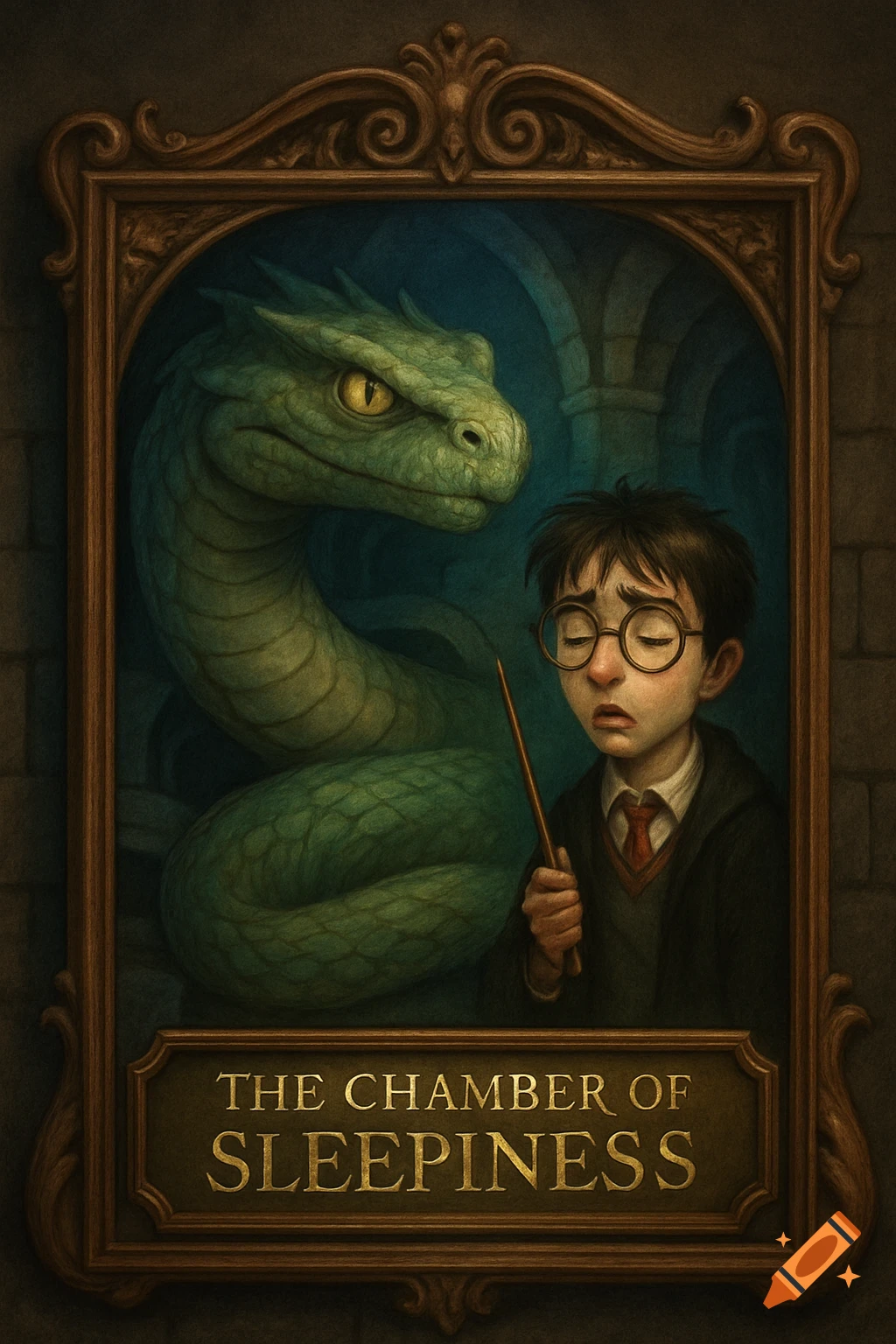 A framed fantasy illustration of Harry Potter holding a wand next to a large green basilisk, with a sign reading 'The Chamber of Sleepiness' below.