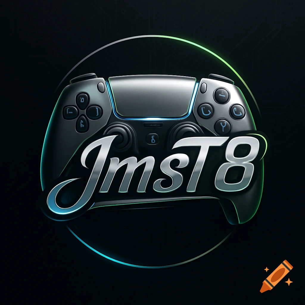 A sleek dark PlayStation 5 controller with a glowing 'JmsT8' logo, set against a dark background with neon rings.