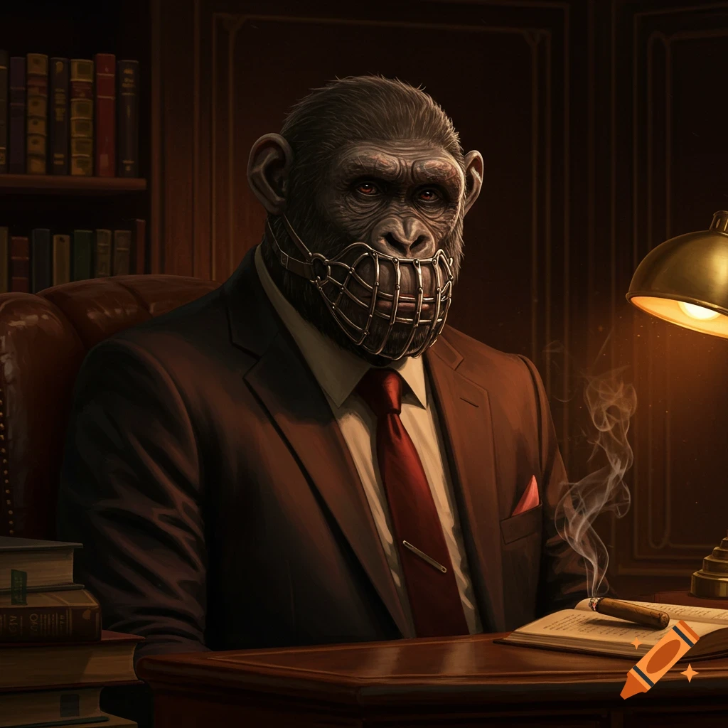 Stylized portrait of a muzzled chimpanzee in a dark suit and red tie, sitting at a desk with a lit lamp, books, and a smoking cigar.