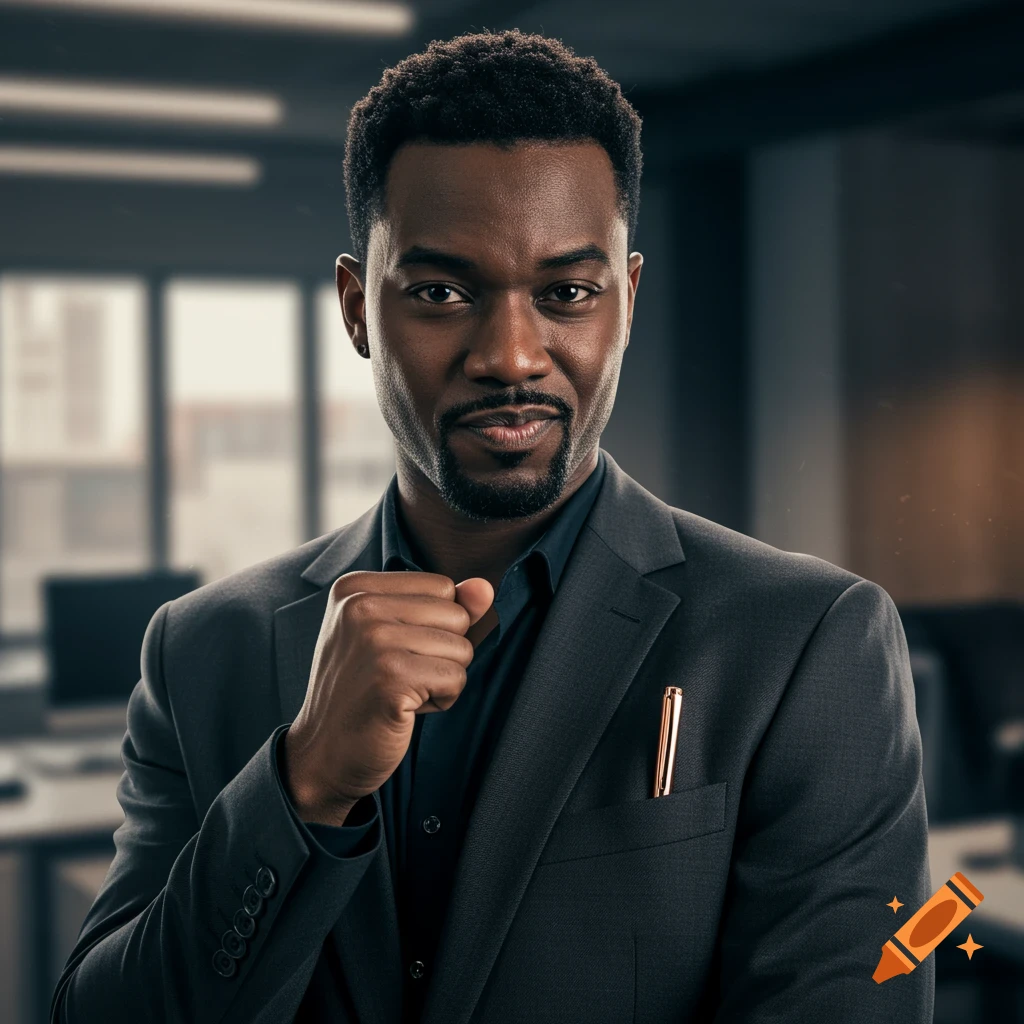 A confident Black man in a dark suit smirks at the camera, with a pen in his pocket, in a blurred modern office.