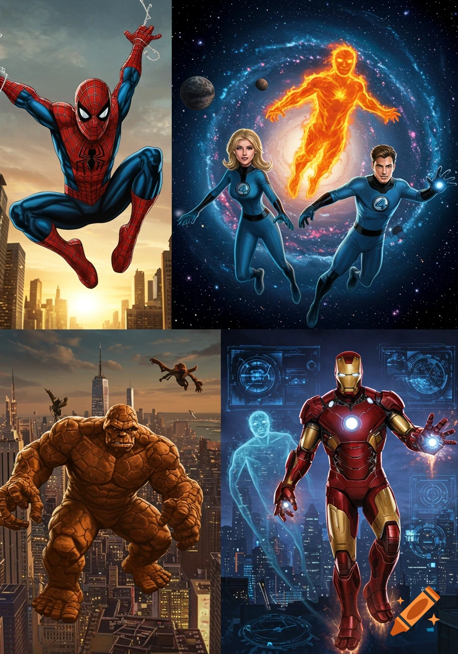Comic art collage of four superhero posters: Spider-Man swinging, Fantastic Four floating in space, the Thing over a city, and Iron Man with holograms.