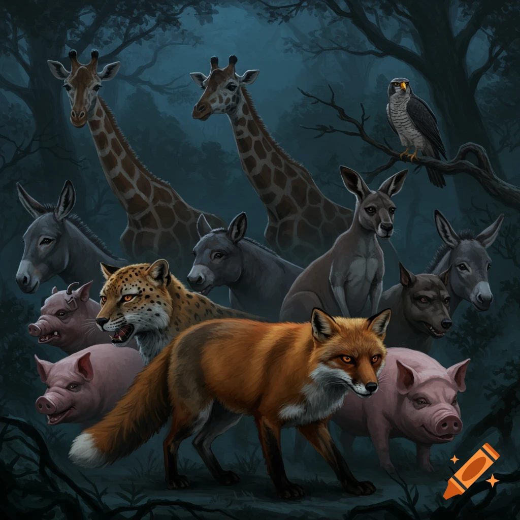 An illustration of a fox, leopard, kangaroo, giraffes, donkeys, pigs, and a falcon, looking angry in a dark forest.