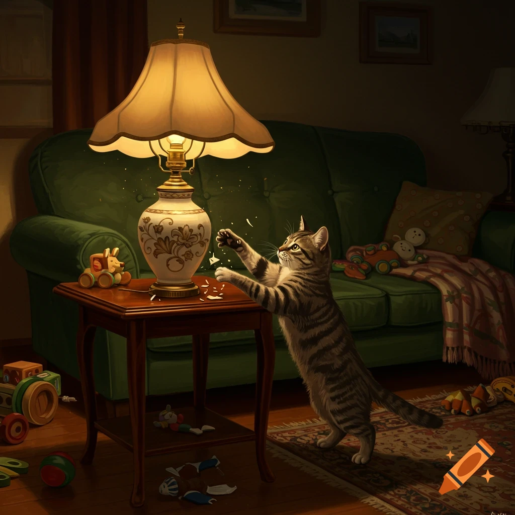 A mischievous tabby cat stands on its hind legs, knocking over an ornate table lamp in a dimly lit living room, shattered pieces on the table.
