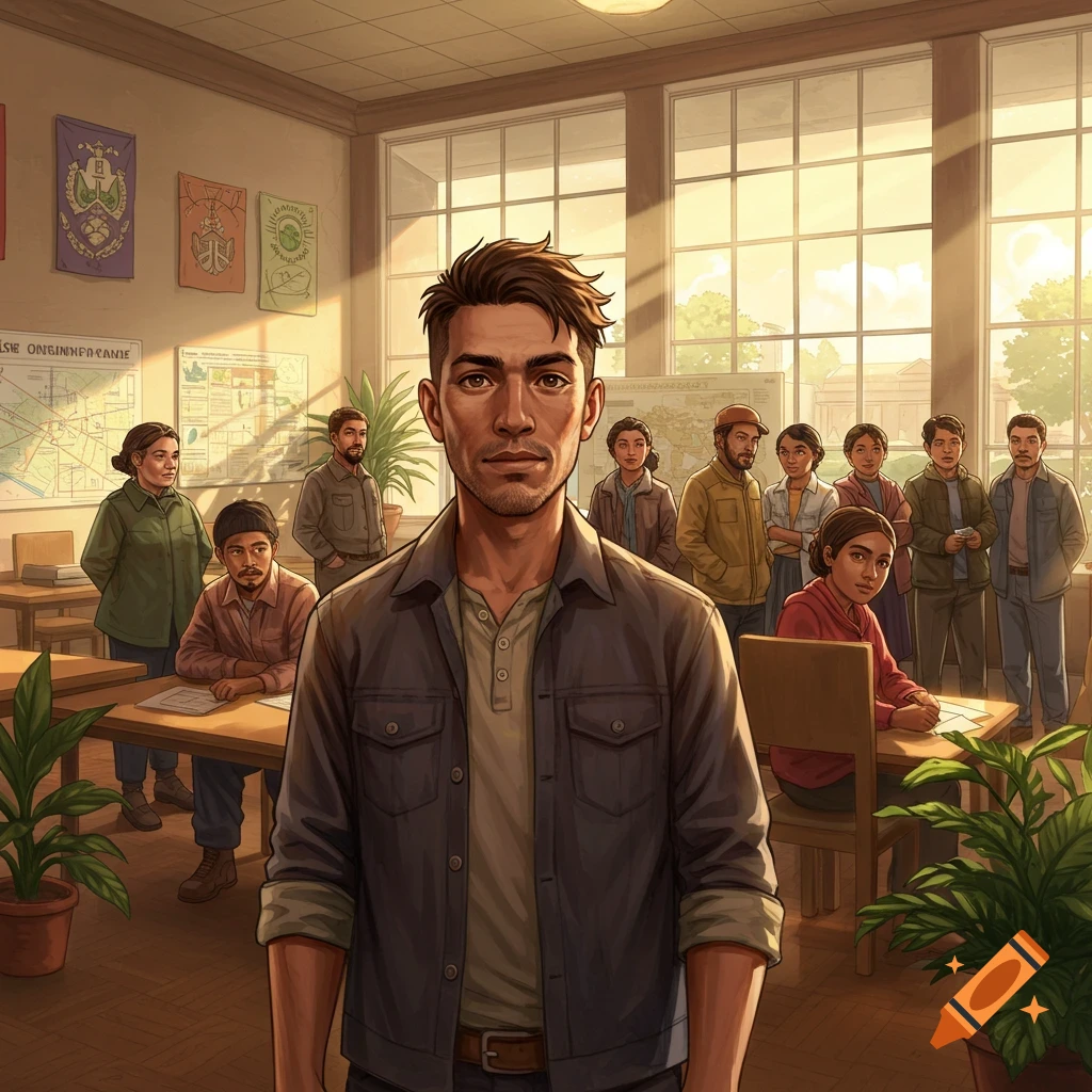 A diverse group of people, including a man in the foreground, standing and sitting in a sunlit classroom or community hall.