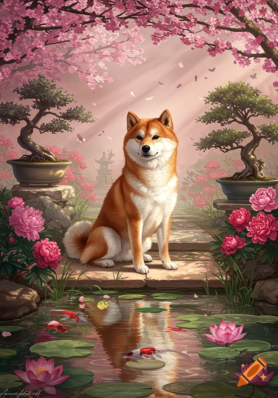 A Shiba Inu dog sits on a stone path in a vibrant Japanese garden with cherry blossoms, bonsai trees, pink peonies, a pond with koi fish and water lilies.