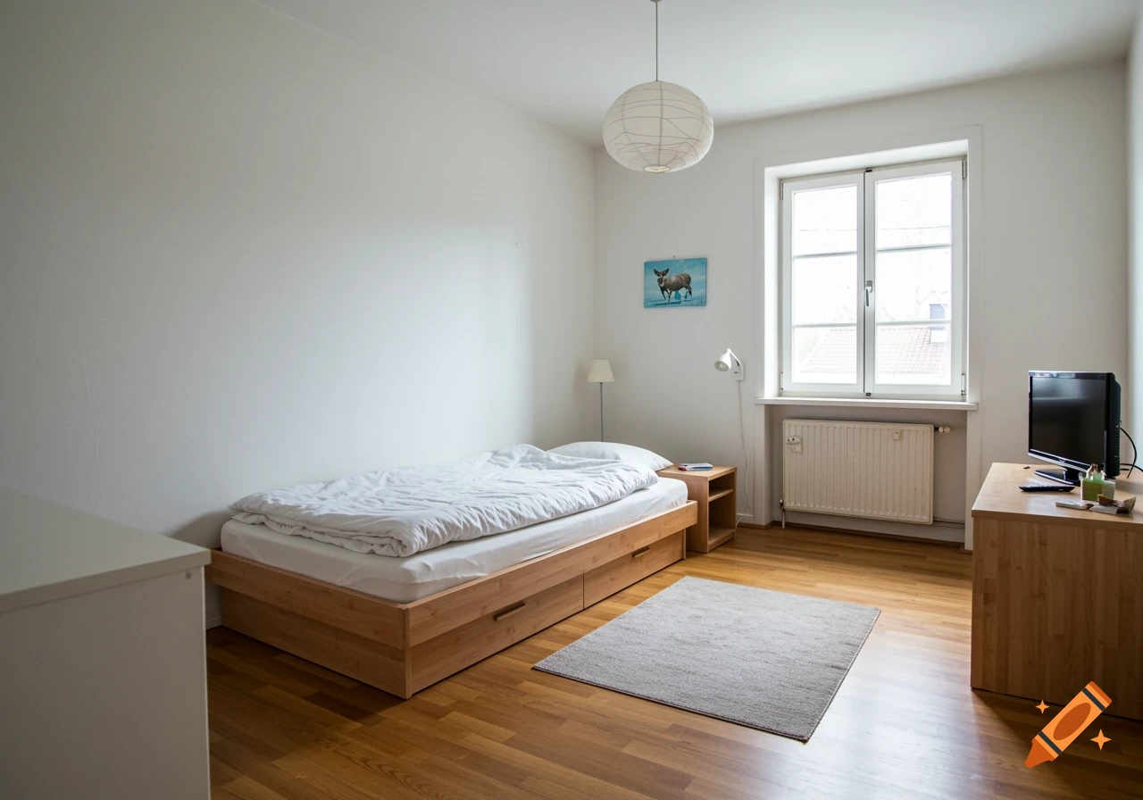 A bright, minimalist bedroom with white walls, a wooden bed, and a large window, featuring a small rug and a desk with a TV.