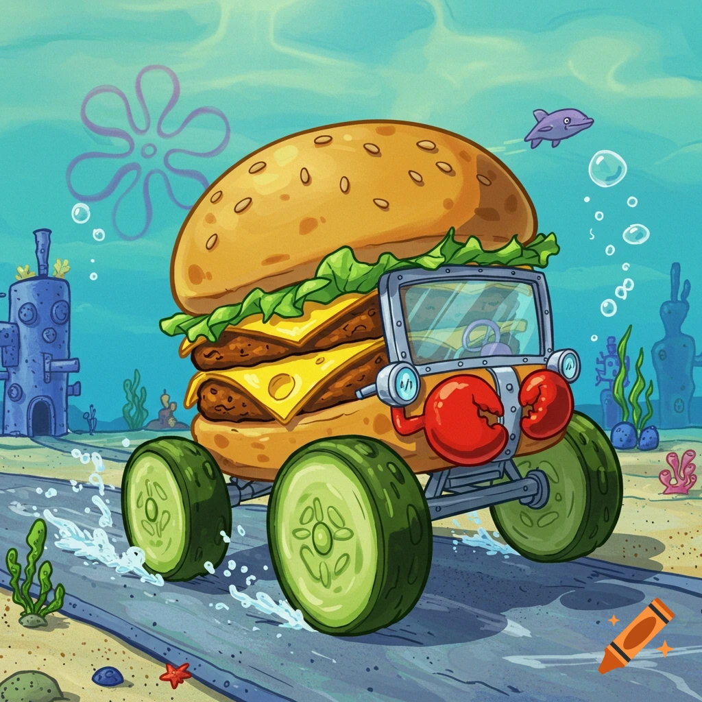 A cartoon drawing of a Krabby Patty car with cucumber wheels driving underwater.