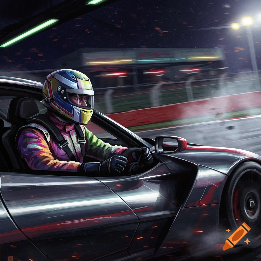 A colorful race car driver in a black car speeding on a track at night.