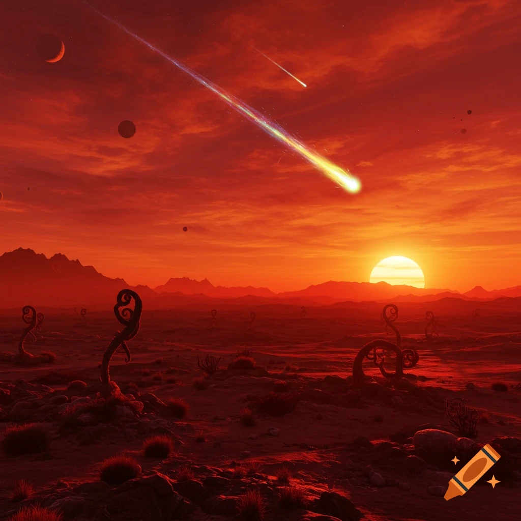 A vivid red alien planet landscape with a bright sun, moons, and meteors streaking across the sky, featuring unique curly plants.