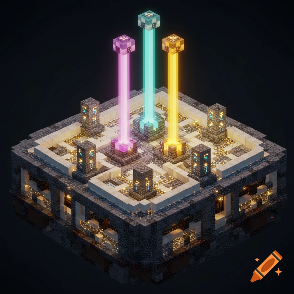 Isometric view of a pixelated Minecraft-style structure with pink, teal, and yellow light beams from beacons on a white and dark gray building.