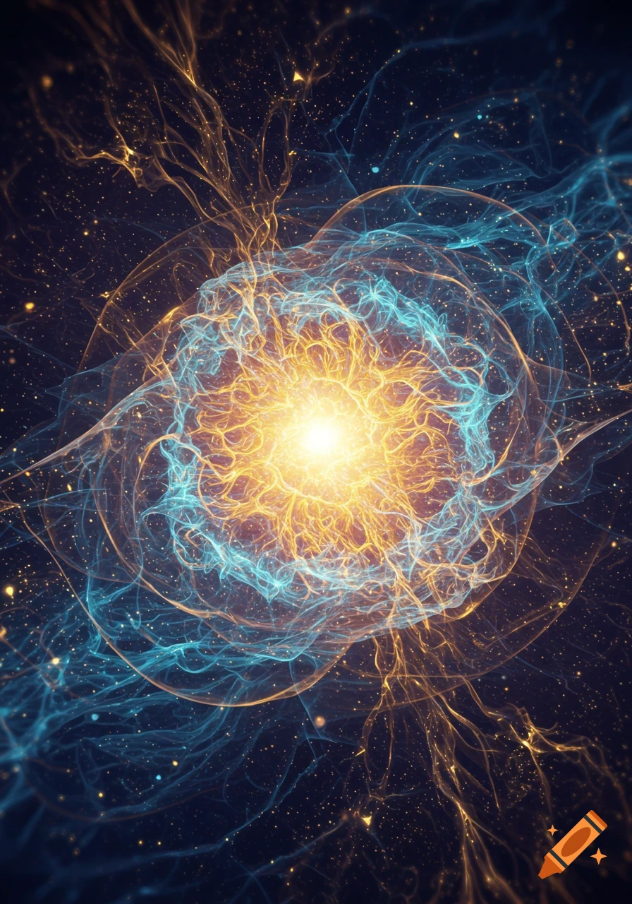 An abstract glowing sphere of blue and orange energy with wispy tendrils and light particles in a dark, cosmic background.