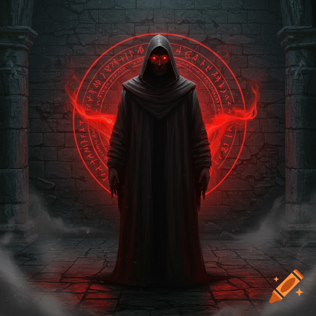 A dark, hooded figure with glowing red eyes stands in a stone room, surrounded by a red glowing magical circle with symbols.