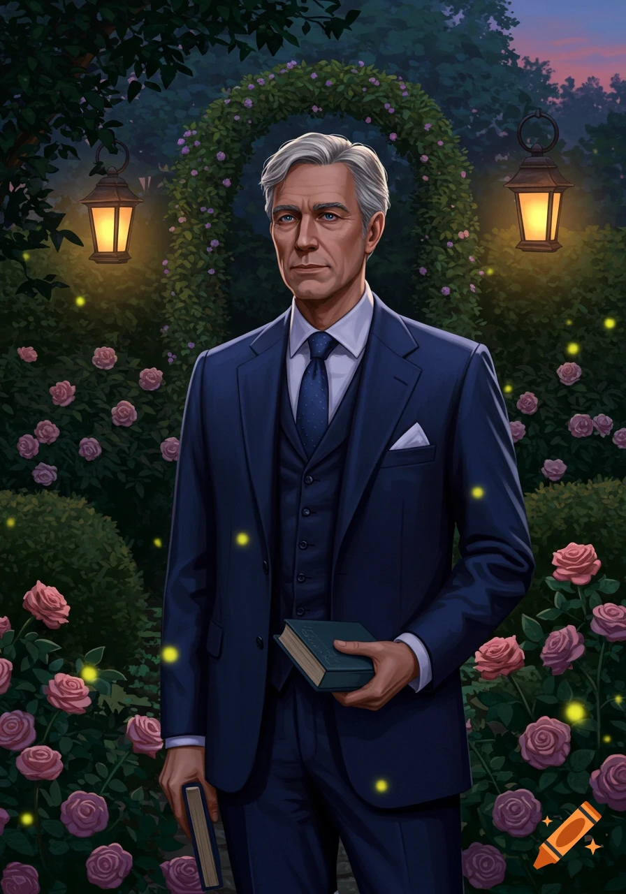 A gray-haired man in a blue suit holds books, standing in a rose garden at dusk with glowing fireflies and lanterns.