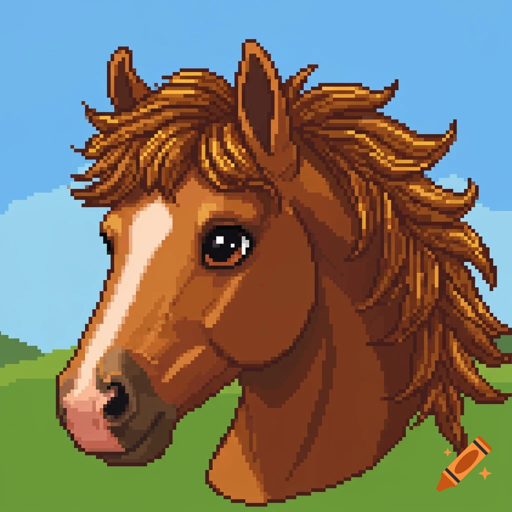 Pixel art of a brown horse head with a white blaze, against a blue sky and green field.