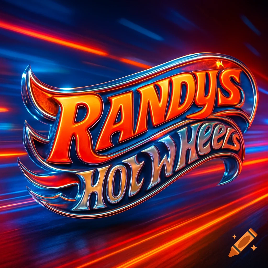 A vibrant, metallic logo featuring 'RANDY'S' above 'HOT WHEELS' with speed lines on a dark blue and red background.