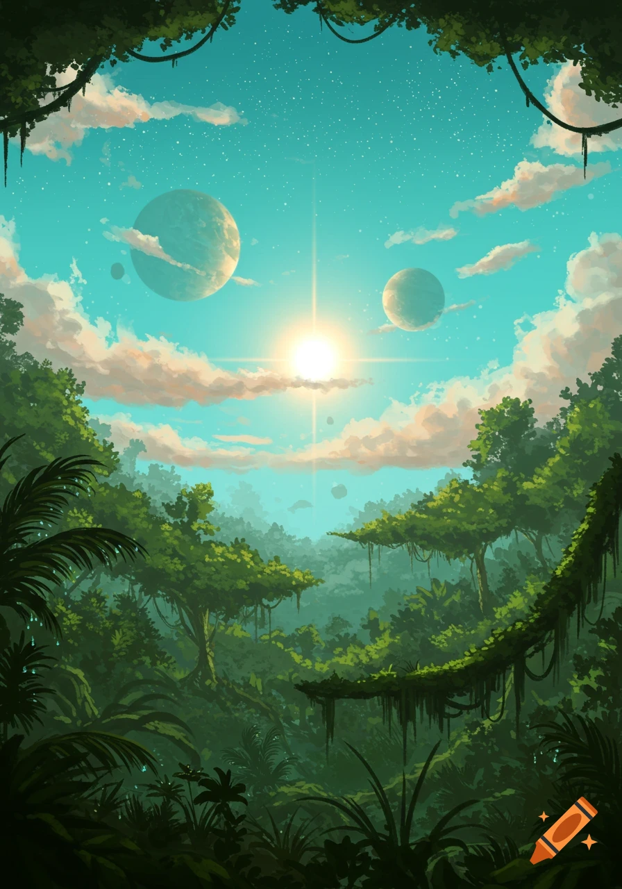 A vibrant illustration of a lush jungle planet with a bright sun and multiple planets visible in the teal sky.