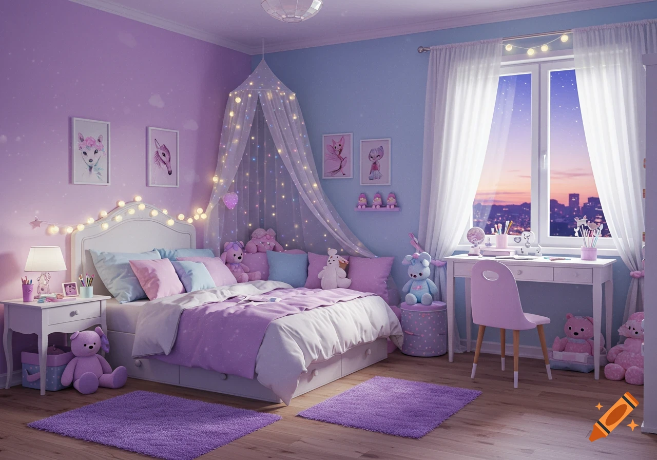 A photorealistic purple, pink, and blue girl's bedroom with a bed, desk, and stuffed animals.